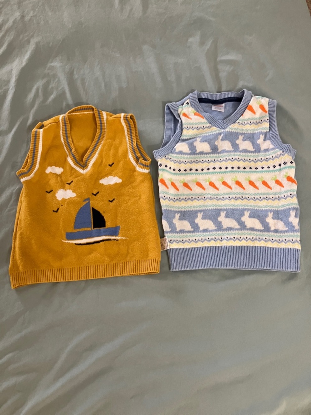 Two Kids Knit Sweater Vests - Mustard Sailboat & Pastel Blue Bunny( get 2 pcs)